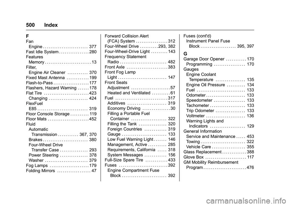 GMC SIERRA 1500 2016  Owners Manual GMC Sierra Owner Manual (GMNA-Localizing-U.S./Canada/Mexico-
9234758) - 2016 - crc - 11/9/15
500 Index
F
FanEngine . . . . . . . . . . . . . . . . . . . . . . . . 377
Fast Idle System . . . . . . . . 