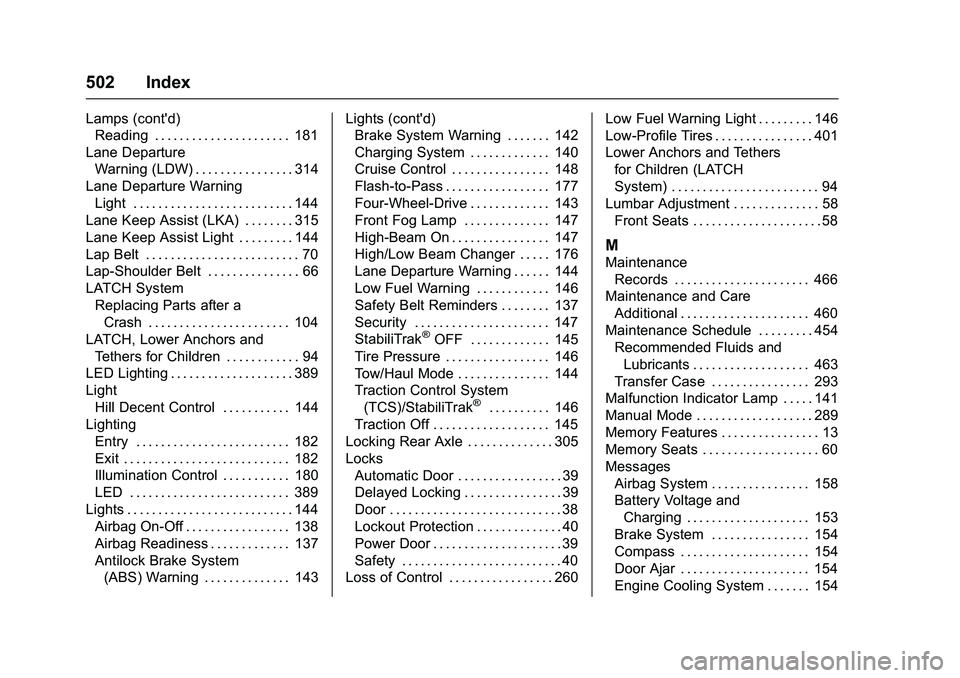 GMC SIERRA 1500 2016  Owners Manual GMC Sierra Owner Manual (GMNA-Localizing-U.S./Canada/Mexico-
9234758) - 2016 - crc - 11/9/15
502 Index
Lamps (cont'd)Reading . . . . . . . . . . . . . . . . . . . . . . 181
Lane Departure Warning 