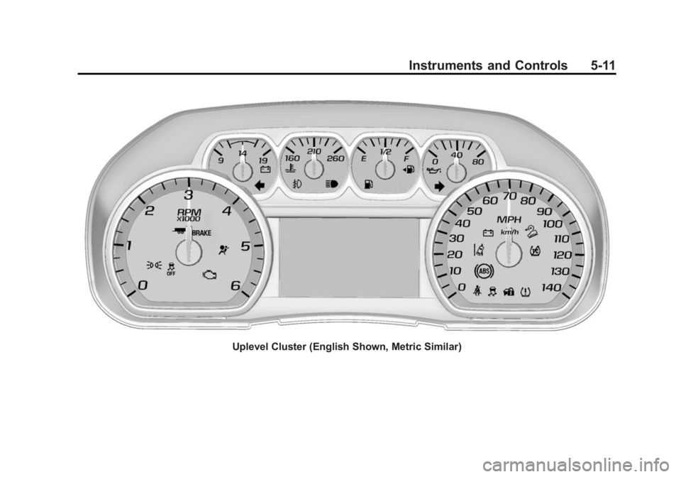 GMC SIERRA 1500 2015 Owners Manual Black plate (11,1)GMC Sierra Owner Manual (GMNA Localizing-U.S/Canada/Mexico-
7299746) - 2015 - crc - 11/11/13
Instruments and Controls 5-11
Uplevel Cluster (English Shown, Metric Similar) GMC SIERRA 1500 2015 Owners Manual Black plate (11,1)GMC Sierra Owner Manual (GMNA Localizing-U.S/Canada/Mexico-
7299746) - 2015 - crc - 11/11/13
Instruments and Controls 5-11
Uplevel Cluster (English Shown, Metric Similar)