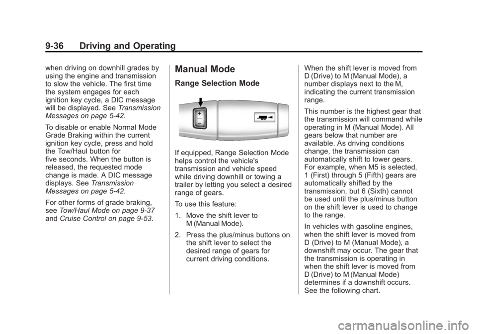GMC SIERRA 1500 2015  Owners Manual Black plate (36,1)GMC Sierra Owner Manual (GMNA Localizing-U.S/Canada/Mexico-
7299746) - 2015 - crc - 11/11/13
9-36 Driving and Operating
when driving on downhill grades by
using the engine and transm