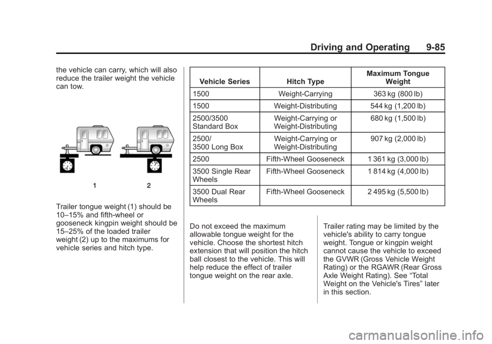 GMC SIERRA 1500 2015  Owners Manual Black plate (85,1)GMC Sierra Owner Manual (GMNA Localizing-U.S/Canada/Mexico-
7299746) - 2015 - crc - 11/11/13
Driving and Operating 9-85
the vehicle can carry, which will also
reduce the trailer weig