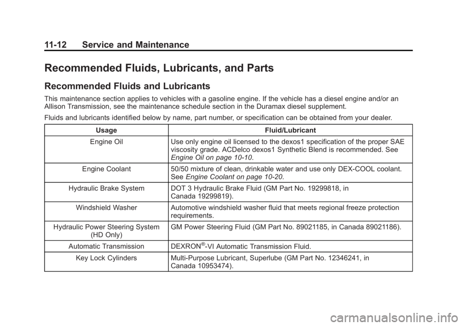 GMC SIERRA 1500 2015 Owners Manual Black plate (12,1)GMC Sierra Owner Manual (GMNA Localizing-U.S/Canada/Mexico-
7299746) - 2015 - crc - 11/11/13
11-12 Service and Maintenance
Recommended Fluids, Lubricants, and Parts
Recommended Fluid GMC SIERRA 1500 2015 Owners Manual Black plate (12,1)GMC Sierra Owner Manual (GMNA Localizing-U.S/Canada/Mexico-
7299746) - 2015 - crc - 11/11/13
11-12 Service and Maintenance
Recommended Fluids, Lubricants, and Parts
Recommended Fluid
