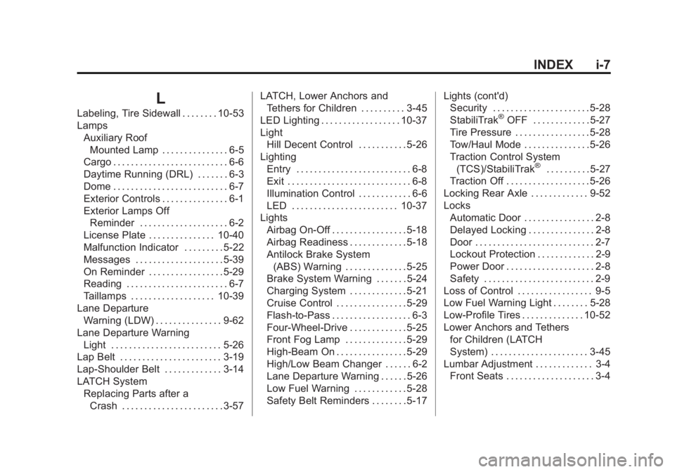 GMC SIERRA 1500 2015 Owners Manual Black plate (7,1)GMC Sierra Owner Manual (GMNA Localizing-U.S/Canada/Mexico-
7299746) - 2015 - crc - 11/11/13
INDEX i-7
L
Labeling, Tire Sidewall . . . . . . . . 10-53
LampsAuxiliary RoofMounted Lamp GMC SIERRA 1500 2015 Owners Manual Black plate (7,1)GMC Sierra Owner Manual (GMNA Localizing-U.S/Canada/Mexico-
7299746) - 2015 - crc - 11/11/13
INDEX i-7
L
Labeling, Tire Sidewall . . . . . . . . 10-53
LampsAuxiliary RoofMounted Lamp