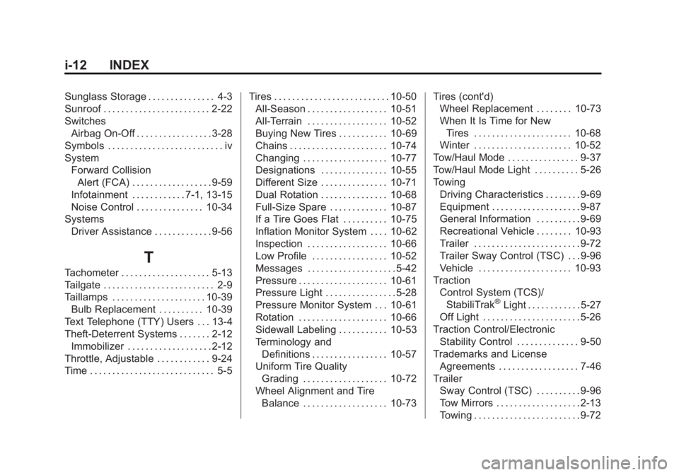 GMC SIERRA 1500 2015 Owners Manual Black plate (12,1)GMC Sierra Owner Manual (GMNA Localizing-U.S/Canada/Mexico-
7299746) - 2015 - crc - 11/11/13
i-12 INDEX
Sunglass Storage . . . . . . . . . . . . . . . 4-3
Sunroof . . . . . . . . . . GMC SIERRA 1500 2015 Owners Manual Black plate (12,1)GMC Sierra Owner Manual (GMNA Localizing-U.S/Canada/Mexico-
7299746) - 2015 - crc - 11/11/13
i-12 INDEX
Sunglass Storage . . . . . . . . . . . . . . . 4-3
Sunroof . . . . . . . . . .