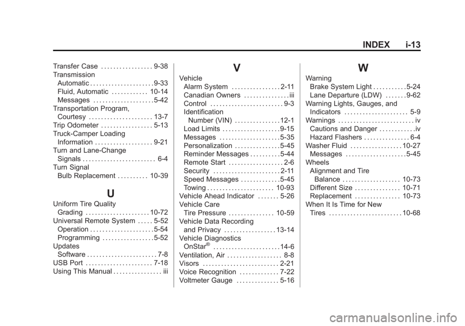 GMC SIERRA 1500 2015 Owners Manual Black plate (13,1)GMC Sierra Owner Manual (GMNA Localizing-U.S/Canada/Mexico-
7299746) - 2015 - crc - 11/11/13
INDEX i-13
Transfer Case . . . . . . . . . . . . . . . . . 9-38
TransmissionAutomatic . . GMC SIERRA 1500 2015 Owners Manual Black plate (13,1)GMC Sierra Owner Manual (GMNA Localizing-U.S/Canada/Mexico-
7299746) - 2015 - crc - 11/11/13
INDEX i-13
Transfer Case . . . . . . . . . . . . . . . . . 9-38
TransmissionAutomatic . .