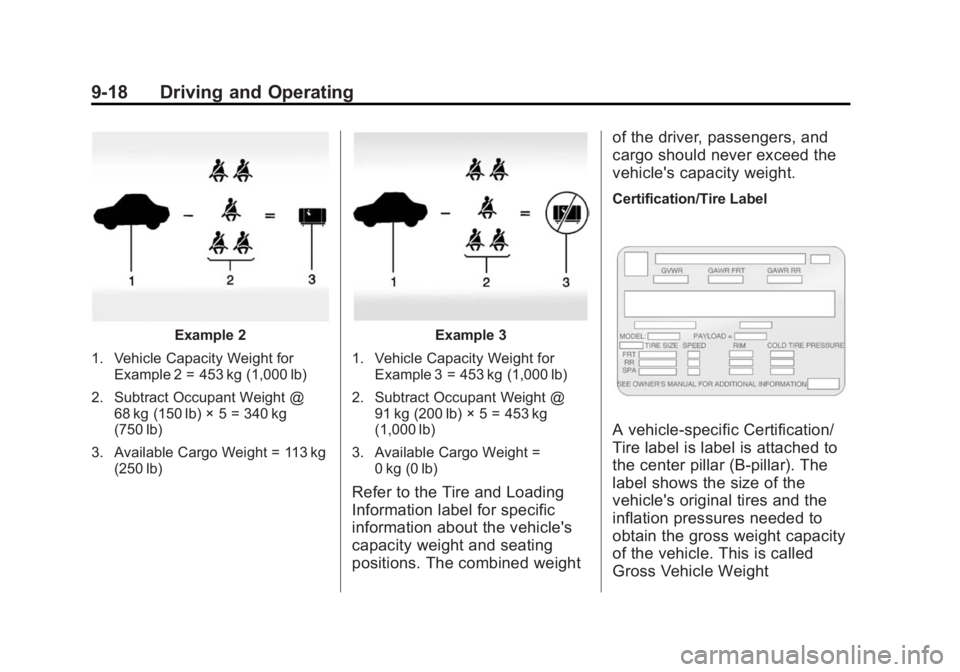 GMC SIERRA 1500 2014  Owners Manual Black plate (18,1)GMC Sierra Owner Manual (GMNA-Localizing-U.S./Canada/Mexico-
5853626) - 2014 - 3rd crc - 8/15/13
9-18 Driving and Operating
Example 2
1. Vehicle Capacity Weight for Example 2 = 453 k