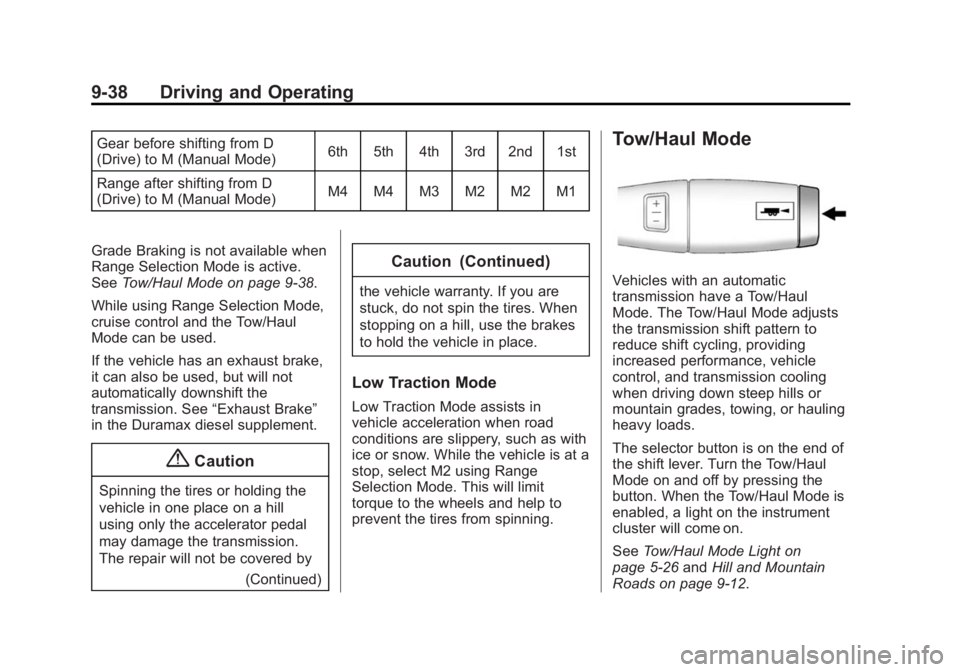 GMC SIERRA 1500 2014 Owners Manual Black plate (38,1)GMC Sierra Owner Manual (GMNA-Localizing-U.S./Canada/Mexico-
5853626) - 2014 - 3rd crc - 8/15/13
9-38 Driving and Operating
Gear before shifting from D
(Drive) to M (Manual Mode)6th GMC SIERRA 1500 2014 Owners Manual Black plate (38,1)GMC Sierra Owner Manual (GMNA-Localizing-U.S./Canada/Mexico-
5853626) - 2014 - 3rd crc - 8/15/13
9-38 Driving and Operating
Gear before shifting from D
(Drive) to M (Manual Mode)6th
