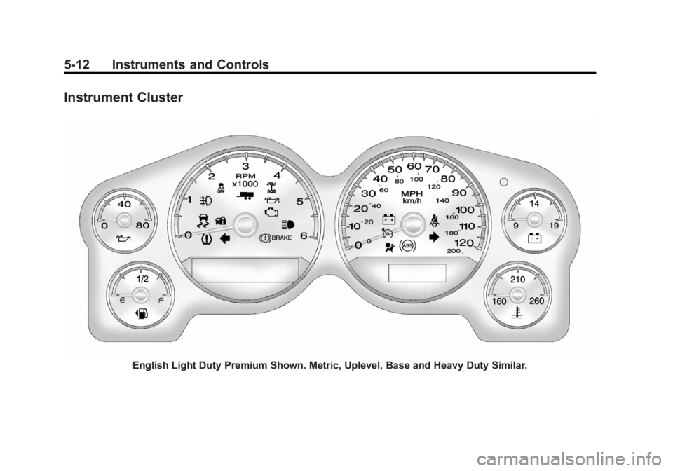 GMC SIERRA 1500 2012 Owners Manual Black plate (12,1)GMC Sierra Owner Manual - 2012 - CRC - 11/15/11
5-12 Instruments and Controls
Instrument Cluster
English Light Duty Premium Shown. Metric, Uplevel, Base and Heavy Duty Similar. GMC SIERRA 1500 2012 Owners Manual Black plate (12,1)GMC Sierra Owner Manual - 2012 - CRC - 11/15/11
5-12 Instruments and Controls
Instrument Cluster
English Light Duty Premium Shown. Metric, Uplevel, Base and Heavy Duty Similar.