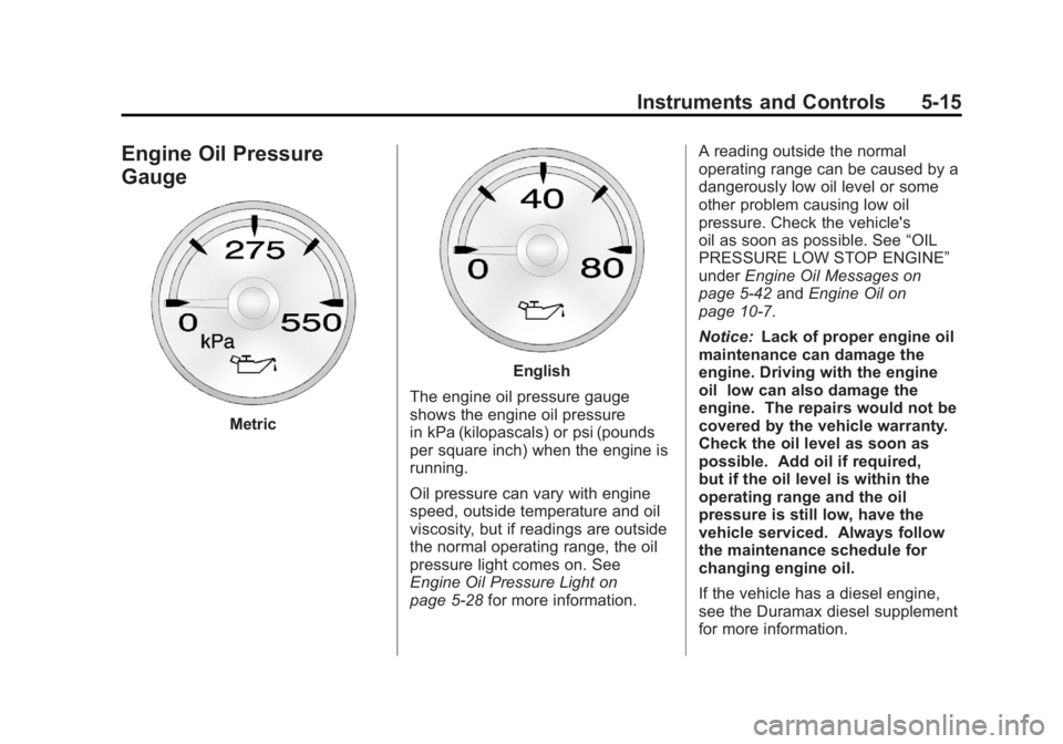 GMC SIERRA 1500 2012  Owners Manual Black plate (15,1)GMC Sierra Owner Manual - 2012 - CRC - 11/15/11
Instruments and Controls 5-15
Engine Oil Pressure
Gauge
Metric
English
The engine oil pressure gauge
shows the engine oil pressure
in 