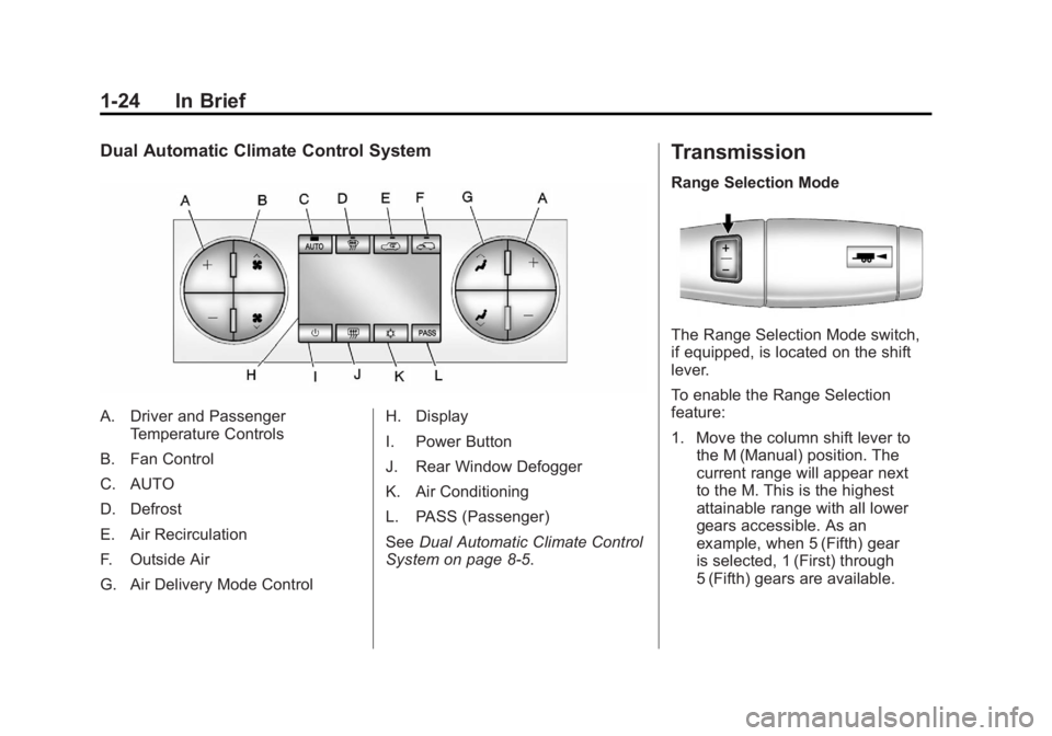 GMC SIERRA 1500 2012 Owners Manual Black plate (24,1)GMC Sierra Owner Manual - 2012 - CRC - 11/15/11
1-24 In Brief
Dual Automatic Climate Control System
A. Driver and PassengerTemperature Controls
B. Fan Control
C. AUTO
D. Defrost
E. A GMC SIERRA 1500 2012 Owners Manual Black plate (24,1)GMC Sierra Owner Manual - 2012 - CRC - 11/15/11
1-24 In Brief
Dual Automatic Climate Control System
A. Driver and PassengerTemperature Controls
B. Fan Control
C. AUTO
D. Defrost
E. A
