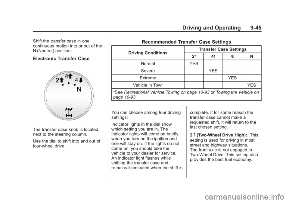 GMC SIERRA 1500 2012 Owners Manual Black plate (45,1)GMC Sierra Owner Manual - 2012 - CRC - 11/15/11
Driving and Operating 9-45
Shift the transfer case in one
continuous motion into or out of the
N (Neutral) position.
Electronic Transf GMC SIERRA 1500 2012 Owners Manual Black plate (45,1)GMC Sierra Owner Manual - 2012 - CRC - 11/15/11
Driving and Operating 9-45
Shift the transfer case in one
continuous motion into or out of the
N (Neutral) position.
Electronic Transf