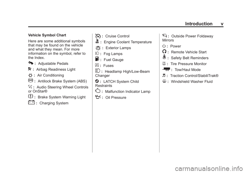 GMC SIERRA 1500 2012  Owners Manual Black plate (5,1)GMC Sierra Owner Manual - 2012 - CRC - 11/15/11
Introduction v
Vehicle Symbol Chart
Here are some additional symbols
that may be found on the vehicle
and what they mean. For more
info