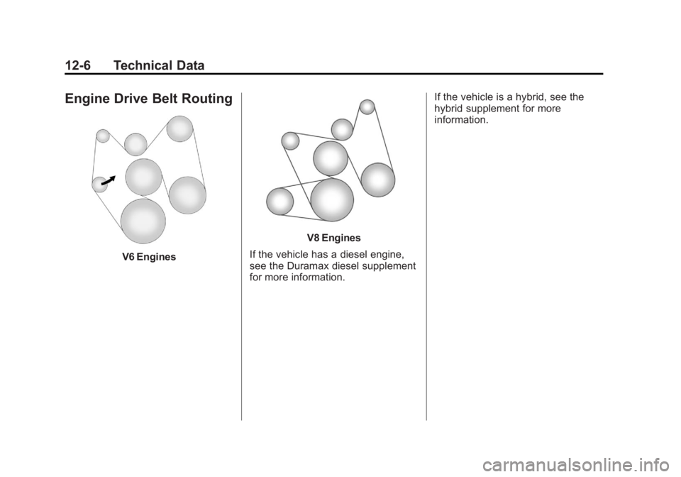 GMC SIERRA 1500 2012 Owners Manual Black plate (6,1)GMC Sierra Owner Manual - 2012 - CRC - 11/15/11
12-6 Technical Data
Engine Drive Belt Routing
V6 Engines
V8 Engines
If the vehicle has a diesel engine,
see the Duramax diesel suppleme GMC SIERRA 1500 2012 Owners Manual Black plate (6,1)GMC Sierra Owner Manual - 2012 - CRC - 11/15/11
12-6 Technical Data
Engine Drive Belt Routing
V6 Engines
V8 Engines
If the vehicle has a diesel engine,
see the Duramax diesel suppleme