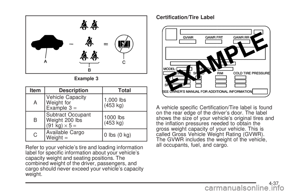 GMC SIERRA 1500 2009  Owners Manual Item Description Total
AVehicle Capacity
Weight for
Example 3=1,000 lbs
(453 kg)
BSubtract Occupant
Weight 200 lbs
(91 kg)×5=1000 lbs
(453 kg)
CAvailable Cargo
Weight=0 lbs (0 kg)
Refer to your vehic