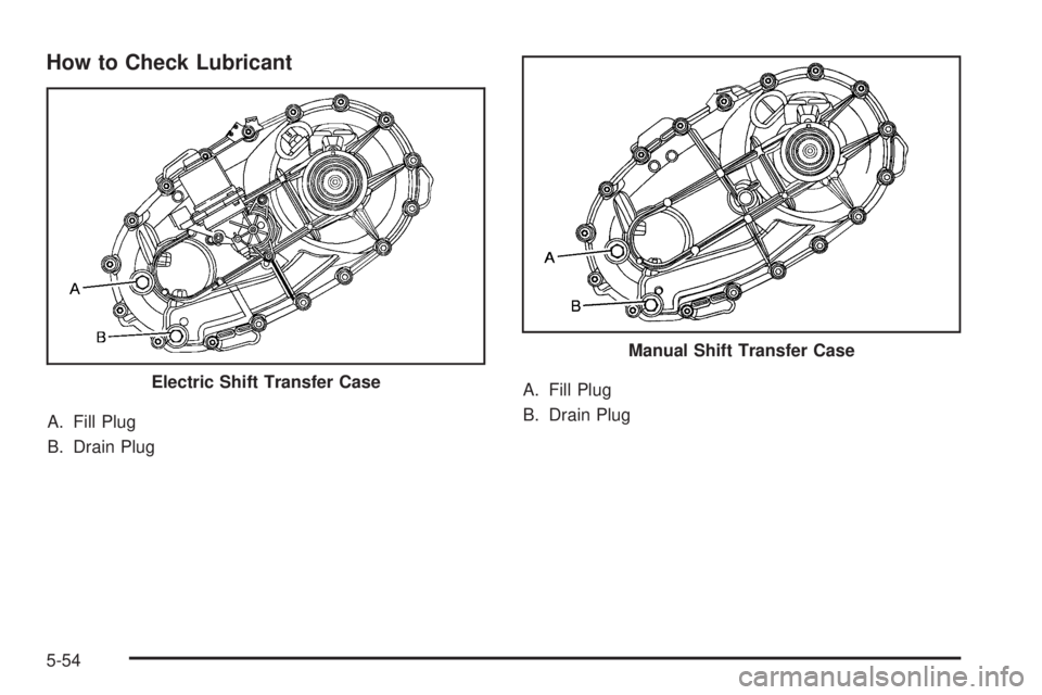 GMC SIERRA 1500 2009  Owners Manual How to Check Lubricant
A. Fill Plug
B. Drain PlugA. Fill Plug
B. Drain Plug Electric Shift Transfer Case
Manual Shift Transfer Case
5-54 