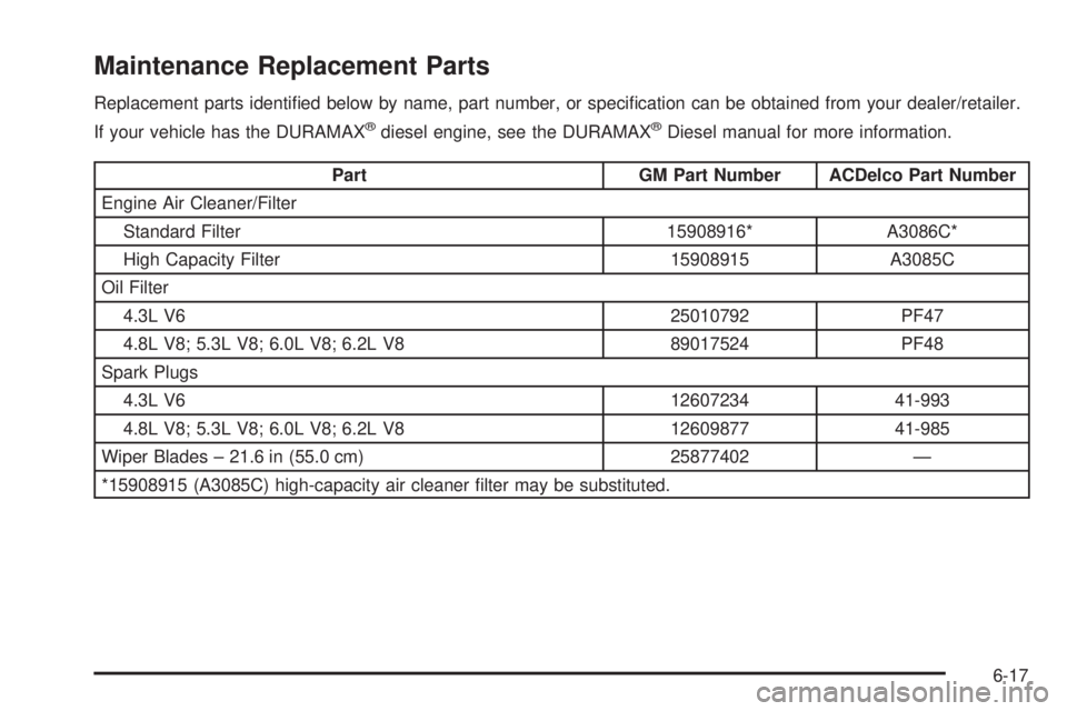 GMC SIERRA 1500 2009  Owners Manual Maintenance Replacement Parts
Replacement parts identi�ed below by name, part number, or speci�cation can be obtained from your dealer/retailer.
If your vehicle has the DURAMAX
®diesel engine, see th