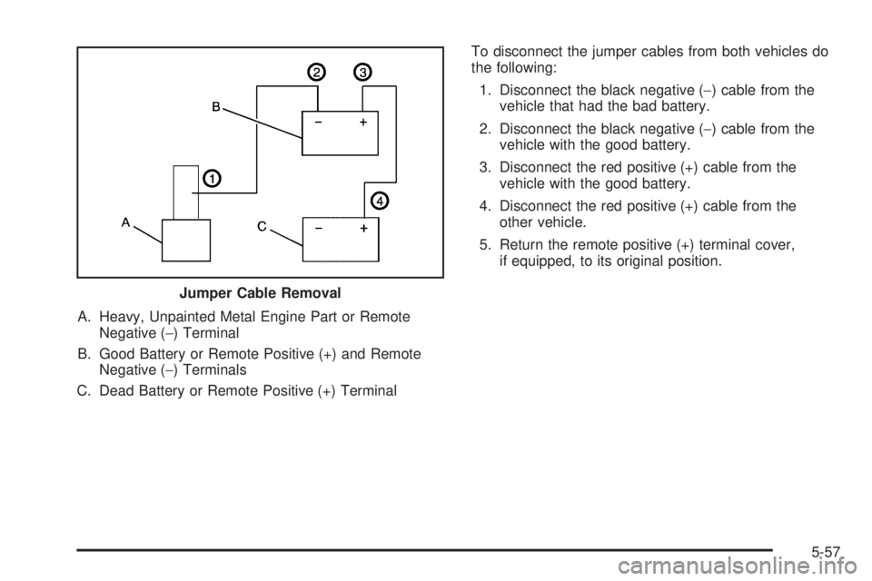 GMC SIERRA 1500 2006  Owners Manual A. Heavy, Unpainted Metal Engine Part or Remote
Negative (−) Terminal
B. Good Battery or Remote Positive (+) and Remote
Negative (−) Terminals
C. Dead Battery or Remote Positive (+) TerminalTo dis