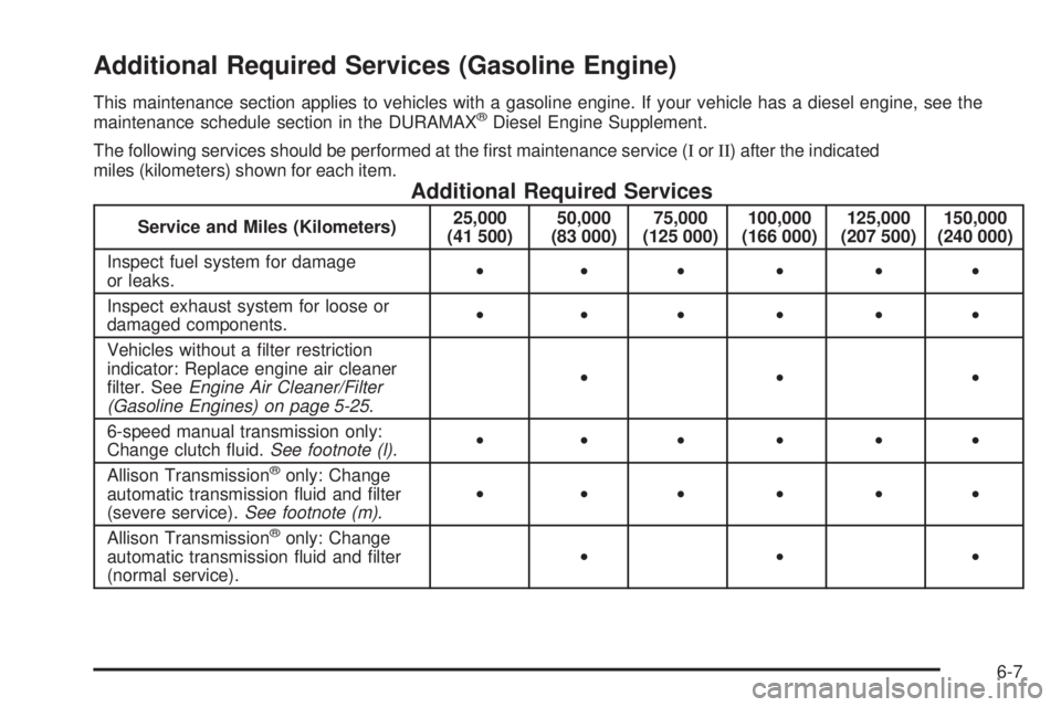 GMC SIERRA 1500 2006 User Guide Additional Required Services (Gasoline Engine)
This maintenance section applies to vehicles with a gasoline engine. If your vehicle has a diesel engine, see the
maintenance schedule section in the DUR