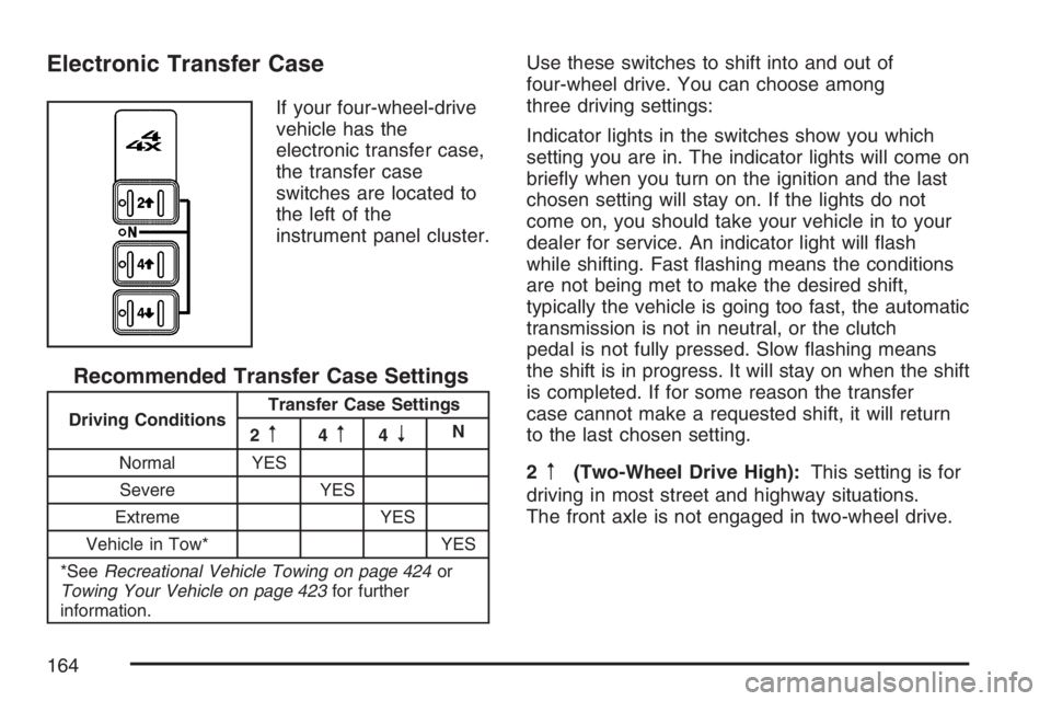 GMC SIERRA CLASSIC 2007  Owners Manual Electronic Transfer Case
If your four-wheel-drive
vehicle has the
electronic transfer case,
the transfer case
switches are located to
the left of the
instrument panel cluster.
Recommended Transfer Cas