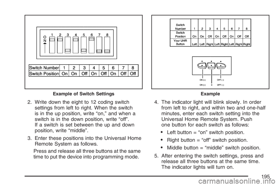 GMC SIERRA CLASSIC 2007  Owners Manual 2. Write down the eight to 12 coding switch
settings from left to right. When the switch
is in the up position, write “on,” and when a
switch is in the down position, write “off”.
If a switch 