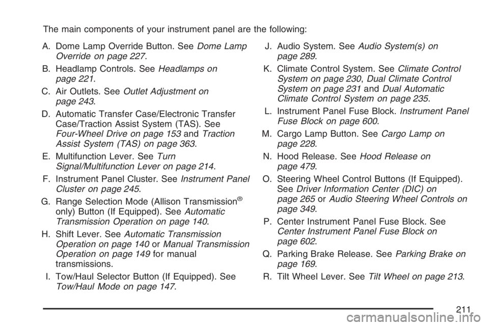 GMC SIERRA CLASSIC 2007  Owners Manual The main components of your instrument panel are the following:
A. Dome Lamp Override Button. SeeDome Lamp
Override on page 227.
B. Headlamp Controls. SeeHeadlamps on
page 221.
C. Air Outlets. SeeOutl