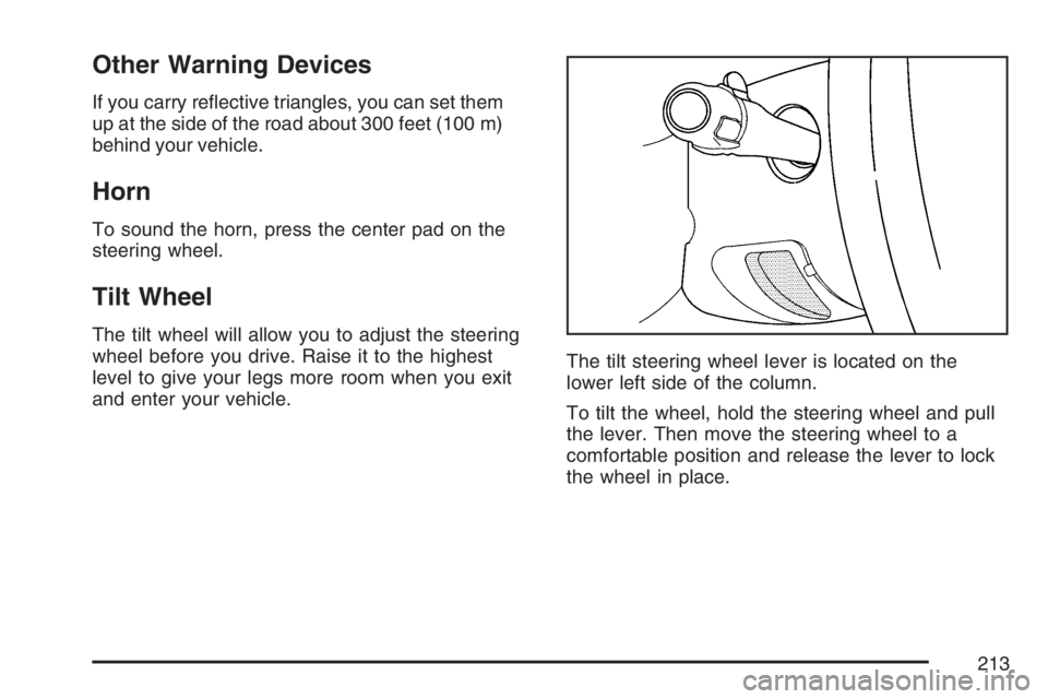 GMC SIERRA CLASSIC 2007  Owners Manual Other Warning Devices
If you carry re�ective triangles, you can set them
up at the side of the road about 300 feet (100 m)
behind your vehicle.
Horn
To sound the horn, press the center pad on the
stee