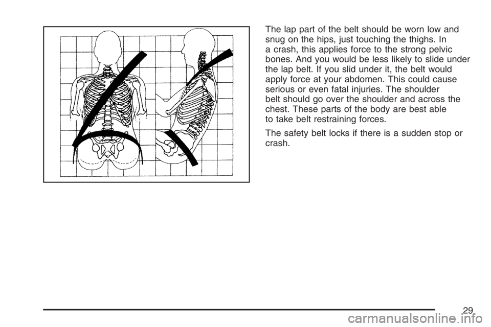 GMC SIERRA CLASSIC 2007 Owners Manual The lap part of the belt should be worn low and
snug on the hips, just touching the thighs. In
a crash, this applies force to the strong pelvic
bones. And you would be less likely to slide under
the l