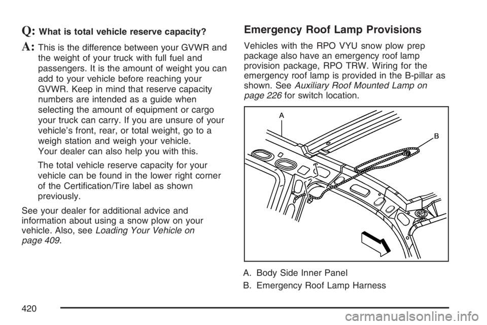 GMC SIERRA CLASSIC 2007  Owners Manual Q:What is total vehicle reserve capacity?
A:This is the difference between your GVWR and
the weight of your truck with full fuel and
passengers. It is the amount of weight you can
add to your vehicle 