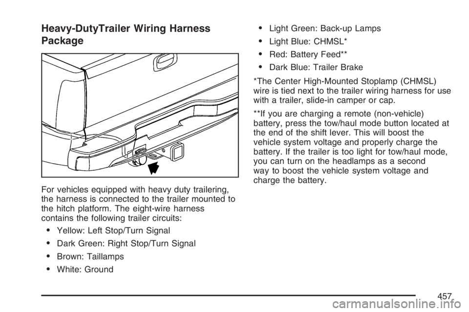 GMC SIERRA CLASSIC 2007  Owners Manual Heavy-DutyTrailer Wiring Harness
Package
For vehicles equipped with heavy duty trailering,
the harness is connected to the trailer mounted to
the hitch platform. The eight-wire harness
contains the fo