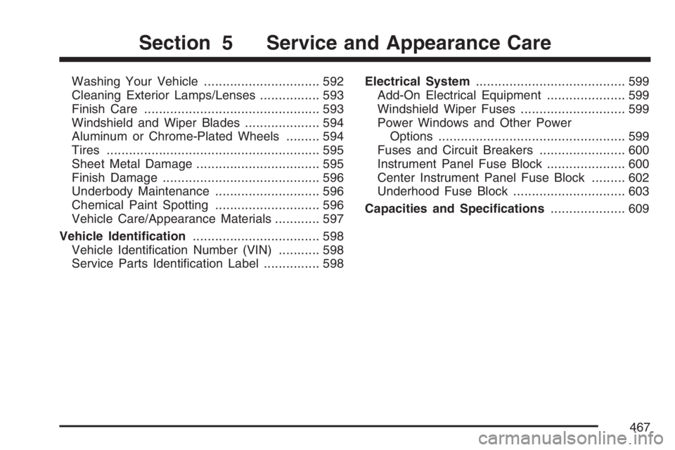 GMC SIERRA CLASSIC 2007  Owners Manual Washing Your Vehicle............................... 592
Cleaning Exterior Lamps/Lenses................ 593
Finish Care............................................... 593
Windshield and Wiper Blades...