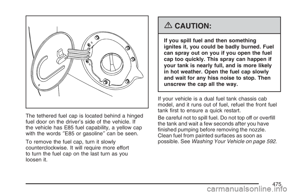 GMC SIERRA CLASSIC 2007  Owners Manual The tethered fuel cap is located behind a hinged
fuel door on the driver’s side of the vehicle. If
the vehicle has E85 fuel capability, a yellow cap
with the words″E85 or gasoline″can be seen.
T