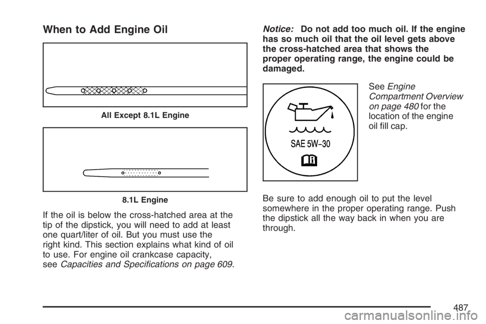 GMC SIERRA CLASSIC 2007  Owners Manual When to Add Engine Oil
If the oil is below the cross-hatched area at the
tip of the dipstick, you will need to add at least
one quart/liter of oil. But you must use the
right kind. This section explai