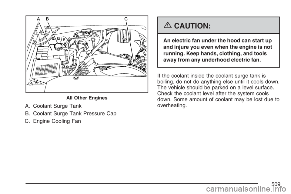 GMC SIERRA CLASSIC 2007  Owners Manual A. Coolant Surge Tank
B. Coolant Surge Tank Pressure Cap
C. Engine Cooling Fan
{CAUTION:
An electric fan under the hood can start up
and injure you even when the engine is not
running. Keep hands, clo