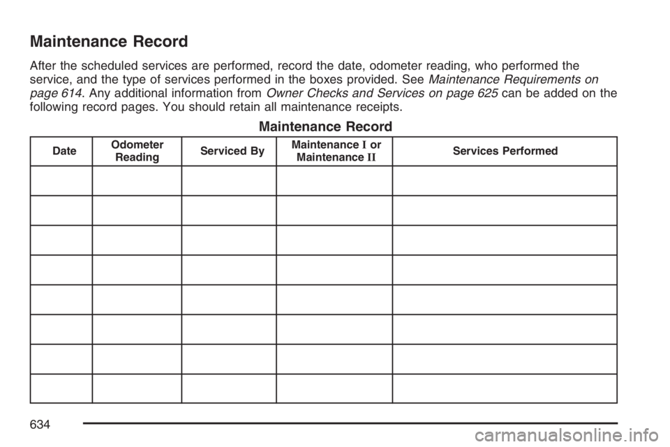 GMC SIERRA CLASSIC 2007  Owners Manual Maintenance Record
After the scheduled services are performed, record the date, odometer reading, who performed the
service, and the type of services performed in the boxes provided. SeeMaintenance Re