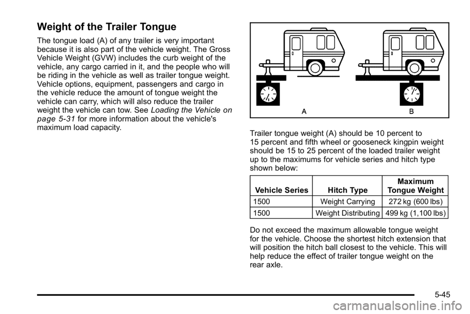 GMC SIERRA DENALI 2010 Owners Manual Weight of the Trailer Tongue
The tongue load (A) of any trailer is very important
because it is also part of the vehicle weight. The Gross
Vehicle Weight (GVW) includes the curb weight of the
vehicle, GMC SIERRA DENALI 2010 Owners Manual Weight of the Trailer Tongue
The tongue load (A) of any trailer is very important
because it is also part of the vehicle weight. The Gross
Vehicle Weight (GVW) includes the curb weight of the
vehicle,