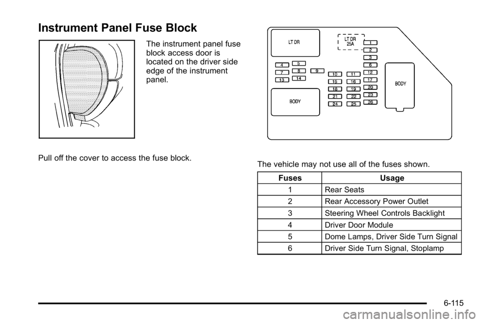 GMC SIERRA DENALI 2010 Owners Manual Instrument Panel Fuse Block
The instrument panel fuse
block access door is
located on the driver side
edge of the instrument
panel.
Pull off the cover to access the fuse block.
The vehicle may not use GMC SIERRA DENALI 2010 Owners Manual Instrument Panel Fuse Block
The instrument panel fuse
block access door is
located on the driver side
edge of the instrument
panel.
Pull off the cover to access the fuse block.
The vehicle may not use