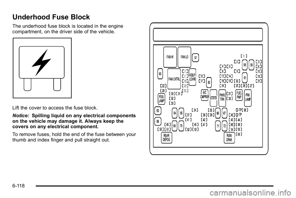 GMC SIERRA DENALI 2010 Owners Manual Underhood Fuse Block
The underhood fuse block is located in the engine
compartment, on the driver side of the vehicle.
Lift the cover to access the fuse block.
Notice:Spilling liquid on any electrical GMC SIERRA DENALI 2010 Owners Manual Underhood Fuse Block
The underhood fuse block is located in the engine
compartment, on the driver side of the vehicle.
Lift the cover to access the fuse block.
Notice:Spilling liquid on any electrical