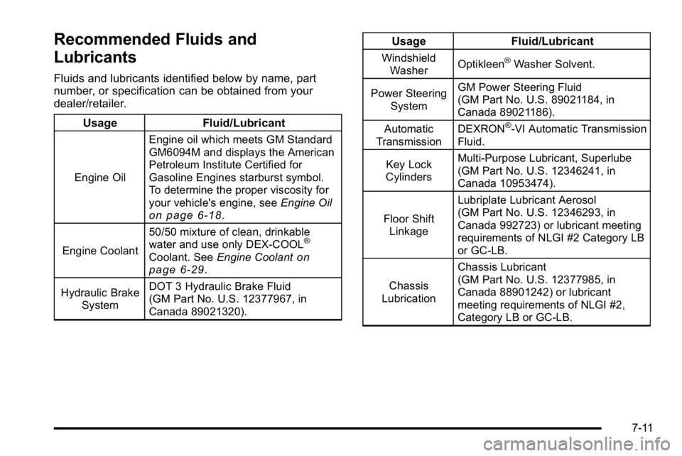 GMC SIERRA DENALI 2010  Owners Manual Recommended Fluids and
Lubricants
Fluids and lubricants identified below by name, part
number, or specification can be obtained from your
dealer/retailer.Usage Fluid/Lubricant
Engine OilEngine oil whi