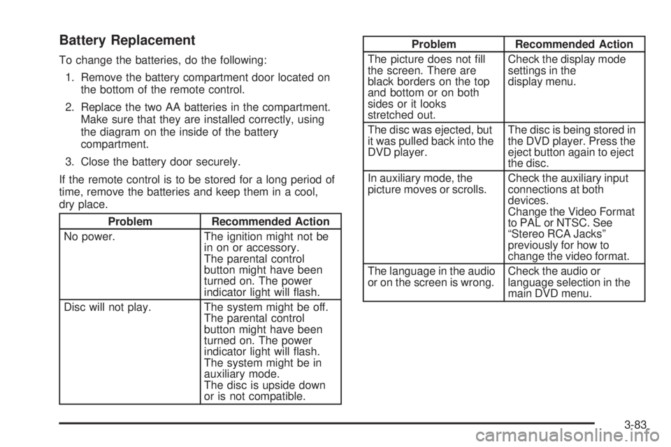 GMC SIERRA DENALI 2005  Owners Manual Battery Replacement
To change the batteries, do the following:
1. Remove the battery compartment door located on
the bottom of the remote control.
2. Replace the two AA batteries in the compartment.
M