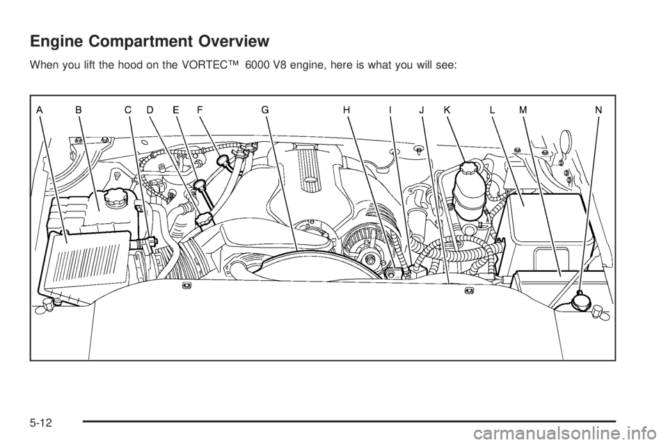 GMC SIERRA DENALI 2005  Owners Manual Engine Compartment Overview
When you lift the hood on the VORTEC™ 6000 V8 engine, here is what you will see:
5-12 