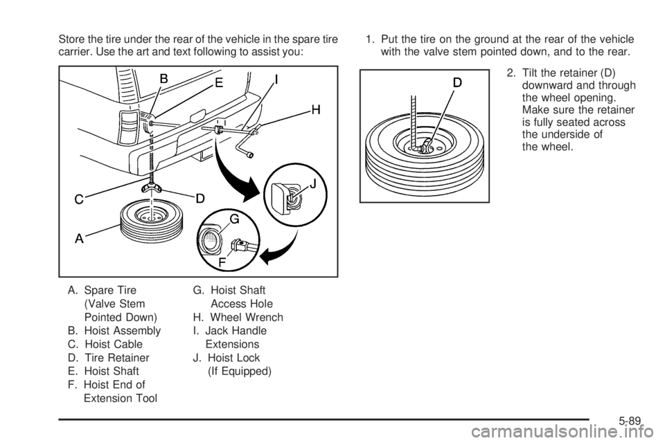 GMC SIERRA DENALI 2005  Owners Manual Store the tire under the rear of the vehicle in the spare tire
carrier. Use the art and text following to assist you:
A. Spare Tire
(Valve Stem
Pointed Down)
B. Hoist Assembly
C. Hoist Cable
D. Tire R
