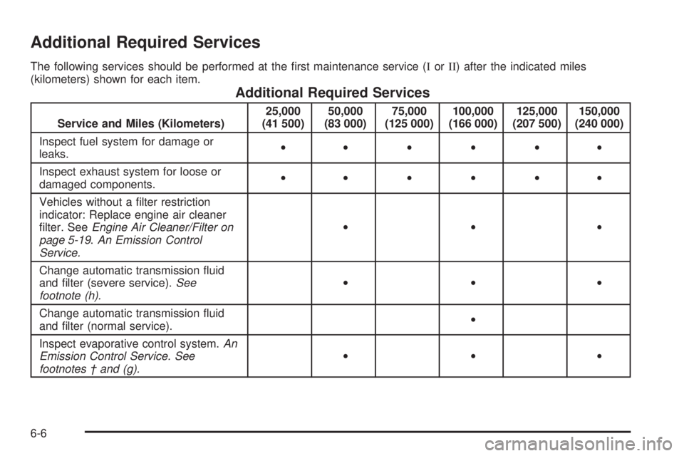 GMC SIERRA DENALI 2005  Owners Manual Additional Required Services
The following services should be performed at the �rst maintenance service (IorII) after the indicated miles
(kilometers) shown for each item.
Additional Required Services