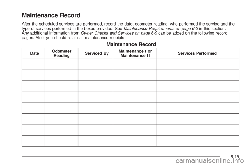 GMC SIERRA DENALI 2005  Owners Manual Maintenance Record
After the scheduled services are performed, record the date, odometer reading, who performed the service and the
type of services performed in the boxes provided. SeeMaintenance Req