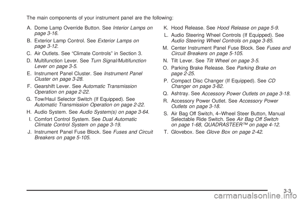 GMC SIERRA DENALI 2004  Owners Manual The main components of your instrument panel are the following:
A. Dome Lamp Override Button. See
Interior Lamps on
page 3-16.
B. Exterior Lamp Control. See
Exterior Lamps on
page 3-12.
C. Air Outlets