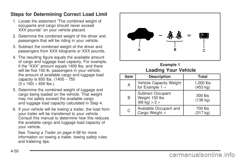 GMC SIERRA DENALI 2004 Owners Manual Steps for Determining Correct Load Limit
1. Locate the statement ªThe combined weight of
occupants and cargo should never exceed
XXX poundsº on your vehicle placard.
2. Determine the combined weight GMC SIERRA DENALI 2004 Owners Manual Steps for Determining Correct Load Limit
1. Locate the statement ªThe combined weight of
occupants and cargo should never exceed
XXX poundsº on your vehicle placard.
2. Determine the combined weight