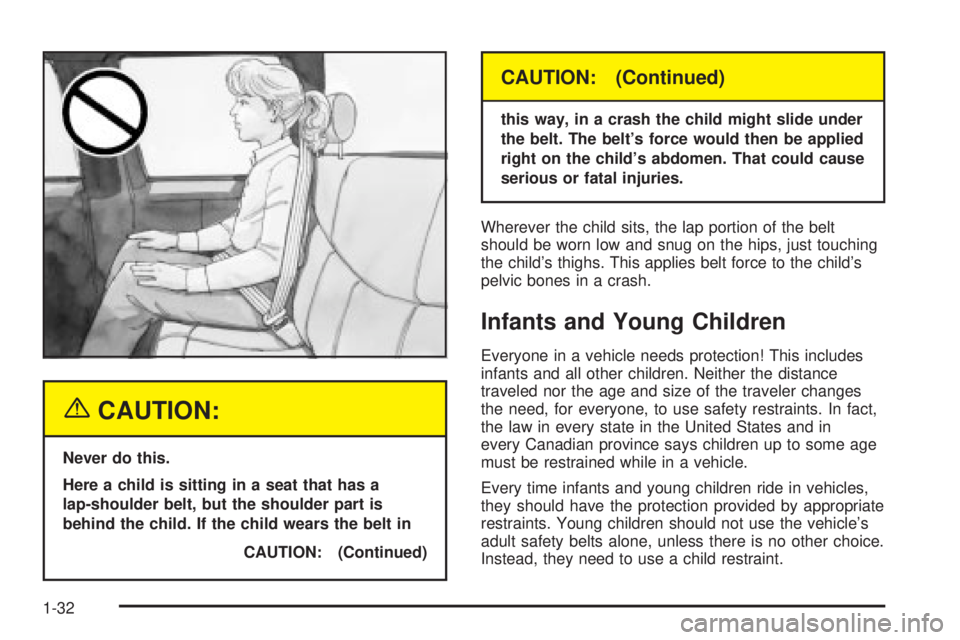 GMC SIERRA DENALI 2004 Owners Guide {CAUTION:
Never do this.
Here a child is sitting in a seat that has a
lap-shoulder belt, but the shoulder part is
behind the child. If the child wears the belt in
CAUTION: (Continued)
CAUTION: (Contin