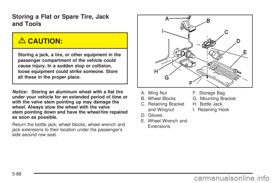 GMC SIERRA DENALI 2004  Owners Manual Storing a Flat or Spare Tire, Jack
and Tools
{CAUTION:
Storing a jack, a tire, or other equipment in the
passenger compartment of the vehicle could
cause injury. In a sudden stop or collision,
loose e