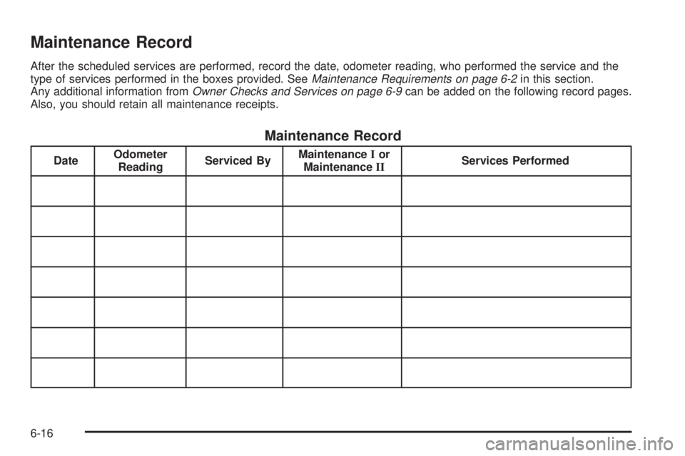 GMC SIERRA DENALI 2004 Owners Manual Maintenance Record
After the scheduled services are performed, record the date, odometer reading, who performed the service and the
type of services performed in the boxes provided. SeeMaintenance Req GMC SIERRA DENALI 2004 Owners Manual Maintenance Record
After the scheduled services are performed, record the date, odometer reading, who performed the service and the
type of services performed in the boxes provided. SeeMaintenance Req