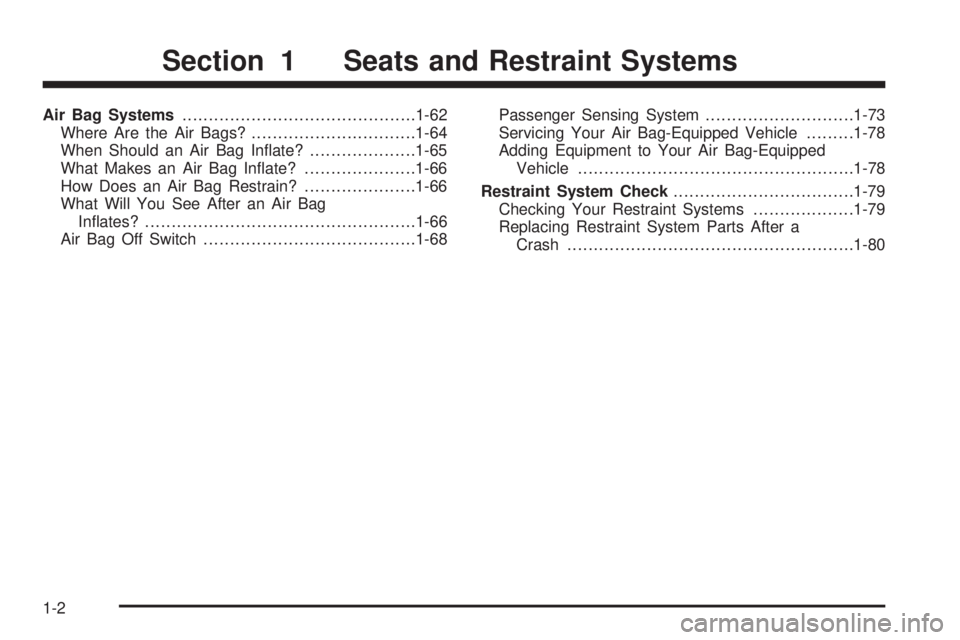 GMC SIERRA DENALI 2004  Owners Manual Air Bag Systems............................................1-62
Where Are the Air Bags?...............................1-64
When Should an Air Bag In¯ate?....................1-65
What Makes an Air Bag