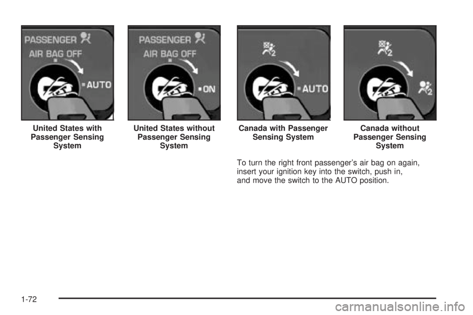 GMC SIERRA DENALI 2004  Owners Manual To turn the right front passengers air bag on again,
insert your ignition key into the switch, push in,
and move the switch to the AUTO position. United States with
Passenger Sensing
System
United St